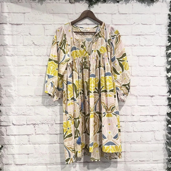 Cyclamen Bloom Kaftan Pleated Tunic Cotton Dress Flower Print Size Small V Neck - Picture 1 of 9